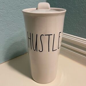 Rae Dunn Tall “Hustle” Ceramic Travel To Go Coffee Tea Mug with Lid 17.5 oz